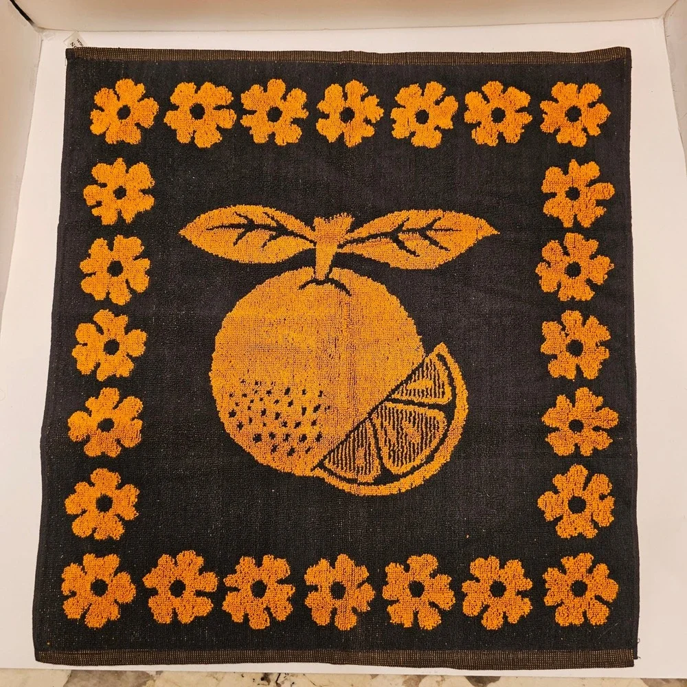 2 Vintage Orange Fruit Floral Cotton Hand Towel Black Orange Made in Portugal 19